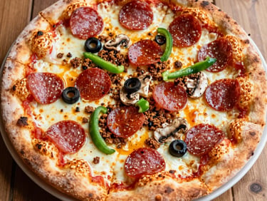 Close-up of a Neapolitan pizza with 'nduja sausage and roasted red peppers, vibrant orange and red tones, intense firelight glow.