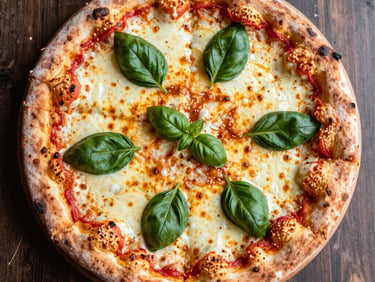 Close-up of a fresh Neapolitan Margherita pizza, vibrant red sauce, melted mozzarella, and green basil, dramatic firelight, shallow depth of field.