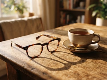 Warm, golden-hour sunlight casting strong shadows across a wooden table where hand-polished acetate eyewear frames rest beside a ceramic cup of tea, 35mm film style.