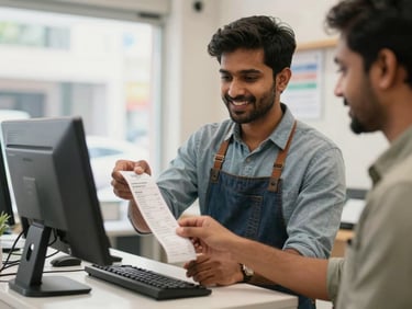 A young Indian shop owner smiling in his clean digital service center, showing a customer a receipt on a computer screen, bright natural lighting.