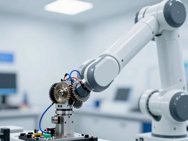 Macro close-up of a high-precision robotic joint, clean modern laboratory setting, bright high-key lighting, sharp focus on mechanical gears and electric blue wiring, 35mm