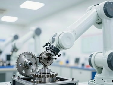 A close-up high-key photograph of precision mechanical gears and multi-axis kinematics joints in a bright, modern industrial facility under clean daylight.