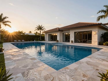 Architect's rendering of a perimeter-overflow pool integrated into a modern South Florida estate, golden hour, wide-angle lens, 35mm