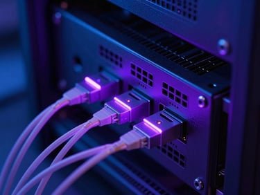 Abstract macro shot of server hardware and optical fibers glowing with neon indigo light, high-tech engineering lab aesthetic.