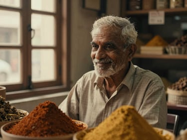 Cinematic medium shot of an elderly Indian shopkeeper smiling warmly in a heritage spice market, soft directional window light, rich sepia tones, nostalgic film grain