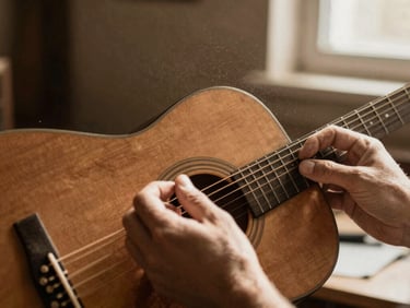 Hands tuning a vintage wooden acoustic guitar in a sunlit studio, warm dust motes, rich sepia tones, nostalgic film grain, landscape aspect
