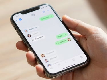 Close-up of a hand interacting with a clean mobile chat interface, showing an AI agent responding to customer queries, warm natural daylight, shallow depth of field