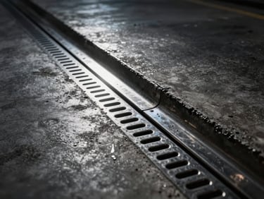Industrial concrete floor edge profile, seamless transition from dark epoxy to stainless steel drain, high-contrast directional lighting, 35mm