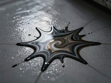 Extreme close-up of a dark liquid chemical spill pooling harmlessly on a high-gloss, pristine grey epoxy surface, sharp directional lighting and metallic pigment swirls.