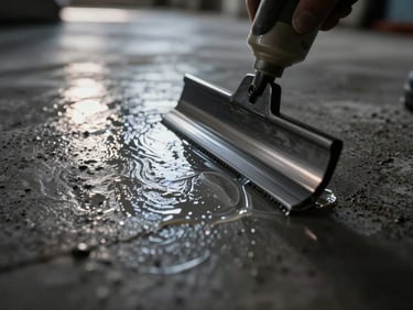 Extreme close-up of clear liquid epoxy primer being squeegeed across profiled concrete, wet glossy line reflecting bright overhead work lights