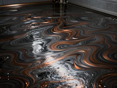 Close-up of a bespoke metallic epoxy floor in a luxury garage, deep charcoal and copper pigment swirls curing into a high-gloss seamless finish