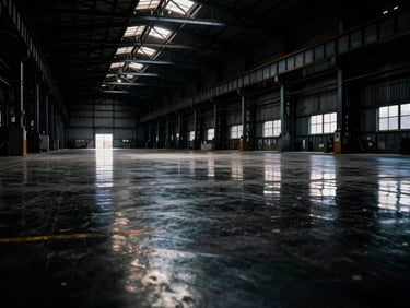 Low-angle dramatic shot of a massive empty industrial warehouse floor with perfect specular reflection of overhead steel beams, high contrast industrial lighting, deep shadows