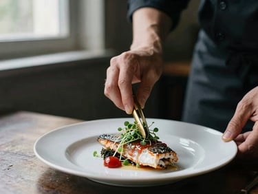 A chef carefully placing microgreens on a beautifully plated fish dish with a brass tweezer, soft window light, dark background.