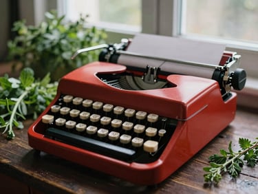 Close-up of a vintage typewriter on a dark wooden table surrounded by fresh green herbs, moody lighting, shallow depth of field.