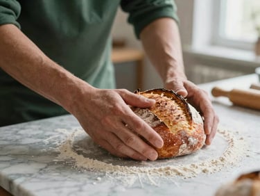 Close-up of baker hands shaping sourdough loaf on a flour-dusted marble counter, warm morning light, shallow depth of field.