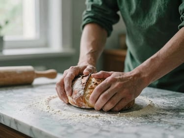 Close-up of hands kneading sourdough on a flour-dusted marble counter, soft diffused Scandinavian light, rich forest green tones.