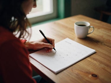 Candid shot of a woman sketching a content calendar on paper at a wooden desk with a coffee cup, warm indoor glow, 35mm film.