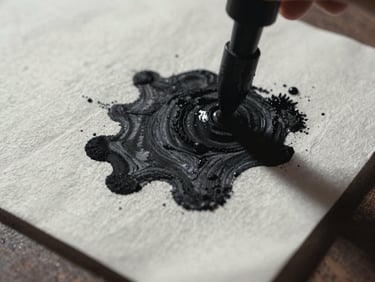 Extreme close-up of heavy black ink pressed onto textured, raw cotton paper stock, casting deep shadows under low-key directional lighting.
