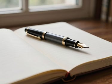 Close-up of a classic fountain pen resting on an open physical notebook, soft natural light from a library window, quiet atmosphere.