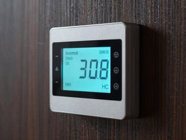 A close-up of a premium digital thermostat with a glowing electric cyan display, mounted on a dark textured wood wall