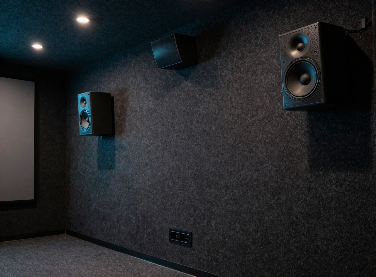 High-end home cinema interior, dark acoustic fabric walls, flush-mounted speakers, atmospheric low-key lighting with subtle cyan accents