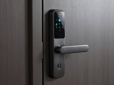 Sleek smart lock integrated into a dark metal door, subtle cyan status indicator glowing softly in the dark
