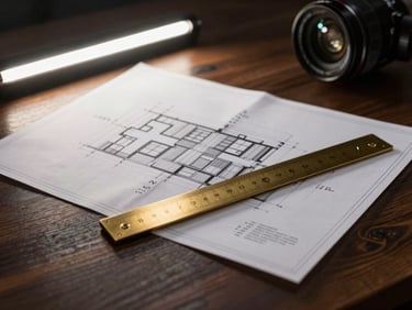 Architectural blueprint on a dark wooden desk, a brass scale ruler, soft linear LED lighting from above casting precise shadows, high-contrast details