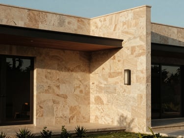 Close architectural crop of a modern high-end home in Oaxaca, showing natural stone textures and elegant details under soft sunlight