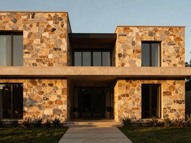 Wide environmental landscape shot of a modern luxury home facade in Tlalixtac, natural stone walls, golden hour light
