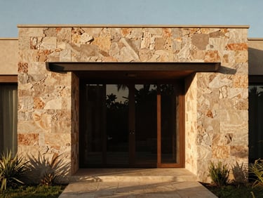 Elegant architectural crop of a modern residence in Tlalixtac, showcasing local stone textures in warm afternoon sun.