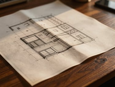Close-up of architectural blueprints resting on a dark walnut desk, soft side lighting