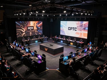 Wide overhead shot of an esports event floor, multiple team stations under arena stage lighting, large branding banners visible in background, audience energy visible at the edges, high-contrast dark environment