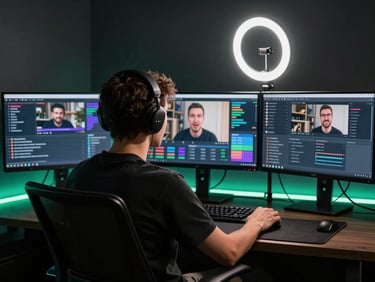 Medium shot of a streamer in-chair facing three monitors showing live Twitch chat and viewer metrics, ring light illuminating face against a dark studio background, neon green light strip on the desk edge