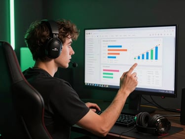 Medium shot of a gaming content creator in-chair reviewing YouTube analytics on a large monitor, neon green accent light from the left, dark background, focused expression, headset on desk