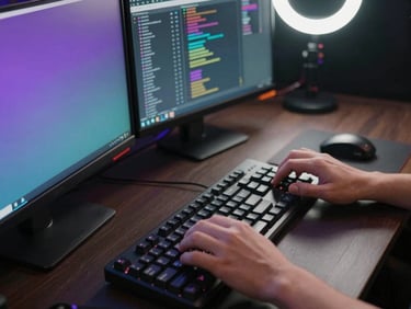 Close-up overhead of a streamer's hands on keyboard mid-session, dual monitors reflecting purple and teal light, dark desk surface, Twitch chat scrolling on secondary screen, broadcast ring light visible above