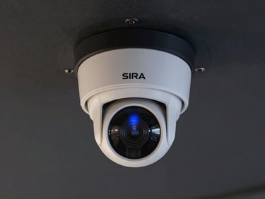 Straight-on view of a SIRA-compliant high-definition dome CCTV camera mounted on a clean matte-black industrial ceiling bracket, cool blue status light.