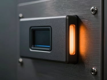 Macro detail of a high-security biometric access control reader mounted on a dark brushed-steel plate, orange LED indicator strip glowing on the side.