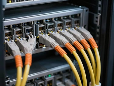 Close-up of structured cabling termination inside a server cabinet, cat6a cables comb-dressed in perfect rows, orange labeling sleeves visible.