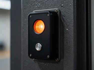 Macro detail of heavy-duty biometric access control reader mounted on a dark steel column, crisp status indicator light glowing orange, high-contrast industrial setting.