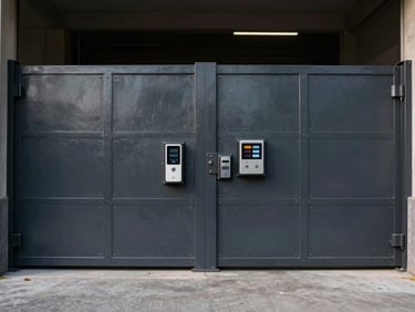 Heavy-duty security access control gate mounted on dark industrial steel, straight-on architectural elevation, dramatic high-contrast lighting, clean physical integration.
