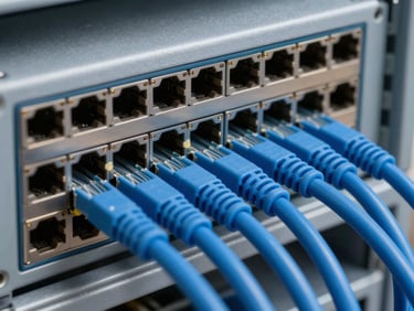 Close-up of perfectly combed and dressed blue network cabling terminating into a clean server rack panel, labeled ports, sharp focus, technical schematic feel.