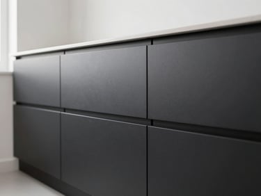 Close-up of a high-end modern kitchen joint, perfectly aligned black cabinetry, crisp natural daylight, clean Swiss minimalist style, sharp focus