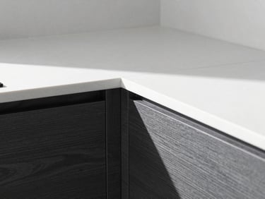 Close-up of clean kitchen joints, modern wooden and dark charcoal cabinets, crisp natural daylight, sharp focus, 35mm