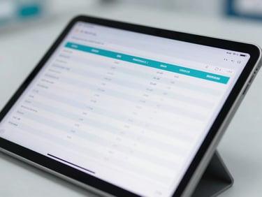 Macro shot of a modern tablet displaying a clean medical dashboard with unified patient history charts, bright clinical lighting.