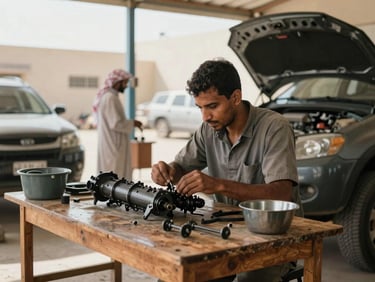 Authentic editorial photography of a clean automotive workshop in Sudan, natural daylight, mechanic examining car parts on a wooden table, sharp focus