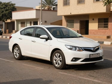 A clean white sedan parked on a quiet street in Khartoum, warm afternoon sun, realistic colors