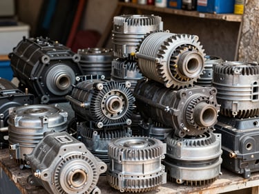 Close-up of organized car spare parts, gearboxes and alternators stacked neatly in a local Sudanese workshop