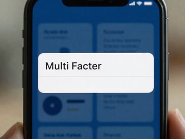 Close-up of a smartphone screen displaying a multi-factor authentication prompt, with a blurred background of a secure digital environment, calming blue tones.