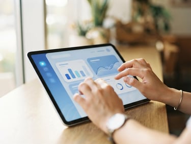 Close-up of hands typing on a tablet, displaying a clean, simplified NDIS dashboard interface, soft natural daylight, shallow depth of field.