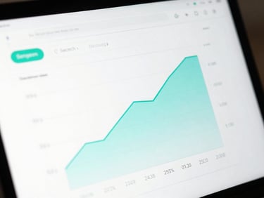 Sharp macro shot of a clean web interface showing rising search campaign metrics, cool studio lighting with subtle cyan ambient glow